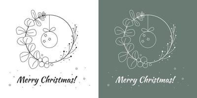 Minimalist hand drawn Christmas card Minimalist hand drawn Christmas card with wreath, eucalyptus and ball. Set of two color options vector