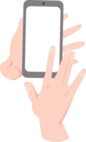 pose de mano sosteniendo la posición de retrato del teléfono móvil y la mano derecha tocando una pantalla en blanco png
