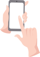 main tenant un téléphone portable et la main droite touchant un écran vierge pour la maquette du modèle png