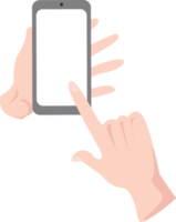 template hand holding mobile phone portrait position and right hand touching empty screen png