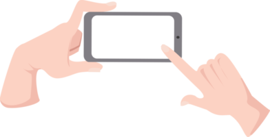 mano sosteniendo la posición horizontal del teléfono móvil y la mano derecha tocando una pantalla en blanco para la maqueta png