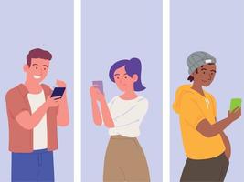 set of people with smartphone vector