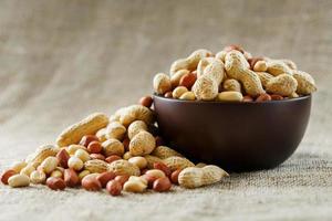 Peanuts in the shell and peeled close-up in cups. Roasted peanuts in their shells and peeled against a brown cloth. photo