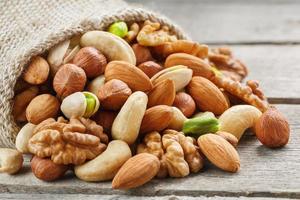 Mix of different nuts in a wooden cup against the background of fabric from burlap. Nuts as structure and background, macro. Top view. photo