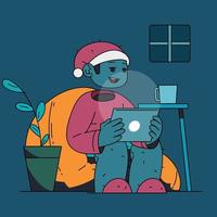 santa claus enjoying his work time on christmas eve in flat design vector