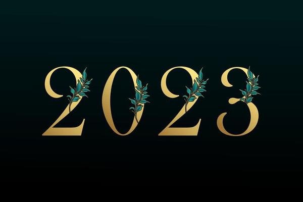 2023 new year with leaf on black background.