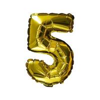5 globos de helio número dorado fondo aislado. Globos de látex y papel de aluminio realistas. elementos de diseño para fiesta, evento, cumpleaños, aniversario y boda. foto