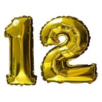 12 Golden number helium balloons isolated background. Realistic foil and latex balloons. design elements for party, event, birthday, anniversary and wedding. photo