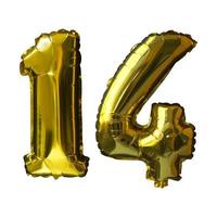 14 Golden number helium balloons isolated background. Realistic foil and latex balloons. design elements for party, event, birthday, anniversary and wedding. photo