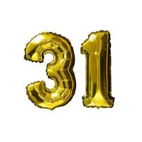 31 Golden number helium balloons isolated background. Realistic foil and latex balloons. design elements for party, event, birthday, anniversary and wedding. photo