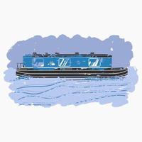 Editable Brush Strokes Style Side View Canal Boat on Wavy Water Vector Illustration for Artwork Element of Transportation or Recreation of United Kingdom or Europe Related Design