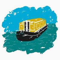 Editable Three-Quarter Top Front Side Oblique View Floating Canal Boat on Water Vector Illustration in Brush Strokes Style for Transportation or Recreation of United Kingdom or Europe Related Design