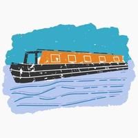 Editable Brush Strokes Style Three-Quarter Oblique View Narrow Boat on Wavy Water Vector Illustration for Artwork Element of Transportation or Recreation of United Kingdom or Europe Related Design