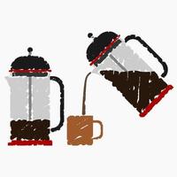 Editable Brush Strokes Style French Press Coffee Maker in Stand and Pouring into Mug Positions Vector Illustration for Cafe or Business Product Related Design Elements
