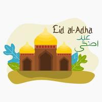 vector editable de mezquita con ilustración de hojas en estilo plano y escritura árabe de eid adha para elementos de arte o concepto de diseño de festival sagrado islámico