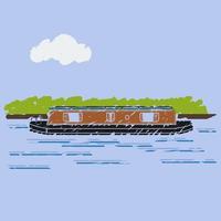 Editable Brush Strokes Style Side View Narrow Boat with River Bush and Cloud on Sky Vector Illustration for Artwork Element of Transportation or Recreation of United Kingdom or Europe Related Design