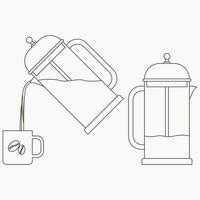 Editable Outline Style French Press Coffee Maker in Stand and Pouring into Mug Positions Vector Illustration for Cafe or Business Product Related Design Elements