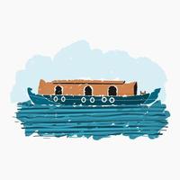 Editable Isolated Brush Strokes Side View Typical Indian Kerala Houseboat Backwater on Wavy Lake Vector Illustration for Artwork Element of Transportation or Recreation of Hindustan Related Design