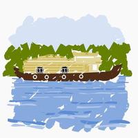 Editable Isolated Side View Brush Strokes Style Indian Kerala Houseboat Backwater at Coast of Lake Vector Illustration for Artwork Element of Transportation or Recreation of Hindustan Related Design