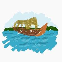 Editable Isolated Oblique View Brush Strokes Style Indian Kerala Houseboat Backwater on Wavy Lake Vector Illustration for Artwork Element of Transportation or Recreation of Hindustan Related Design