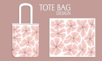 Textile tote bag for shopping mockup with abstract floral design. Vector illustration isolated on pink background.