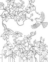 A fence with a lia in the garden. Black and white vector drawing. For illustrations and colouring books.