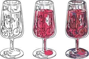 A set of drinking glasses. Black and white and colour vector drawing. For colouring and illustration.