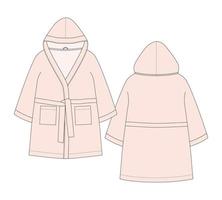 Bathrobe technical sketch. Light peach pink color. Hooded bathrobe with pocket and belt. vector