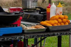 fried meatballs, grilled meatballs, fried sausages sold by street vendors photo