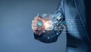 Cyber security network. Padlock icon and internet technology networking. Businessman protecting data personal information on tablet and virtual interface. Data protection privacy concept. GDPR. EU. photo