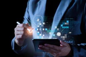 Businessman using mobile smartphone on global network connection on investor and customer with sale data exchange and development of business. Technology and digital marketing. Financial and banking. photo