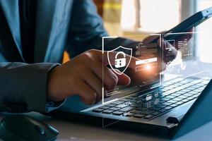Cyber security concept. Businessman login access business sensitive information, data security, secure company internet network, hack protection, fingerprint scanner, cyber space, business security photo