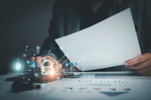 Cyber security network. Padlock icon and internet technology networking. Businessman protecting data personal information on tablet and virtual interface. Data protection privacy concept. GDPR. EU. photo