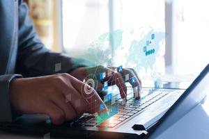 Business database analysis concept. Businessman analyzing economic data. related to business operations, analysis of future economic trends, virtual screens, business networking, internet technology. photo