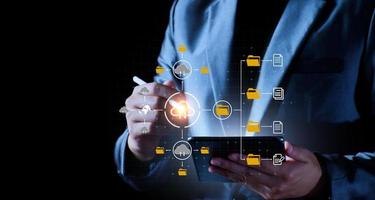 Digital file management concept. Businessman are accessing big data storage on Internet, Digital Storage, Cyber Security, Global Data Links, Digital Business, Files data, Internet of things. photo