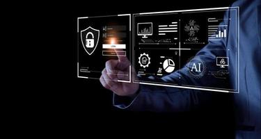 Cyber security concept. Businessman login access business sensitive information, data security, secure company internet network, hack protection, fingerprint scanner, cyber space, business security photo