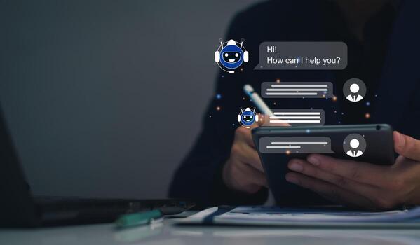 AI Chatbot intelligent digital business service application concept, computer mobile application uses artificial intelligence chatbots automatically respond online messages to help customers instantly photo