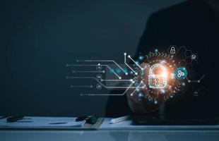 Cyber security concept. Businessman login access business sensitive information, data security, secure company internet network, hack protection, fingerprint scanner, cyber space, business security photo