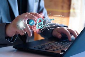 Cyber security network. Padlock icon and internet technology networking. Businessman protecting data personal information on tablet and virtual interface. Data protection privacy concept. GDPR. EU. photo