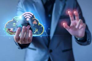 Businessman accessing the Cloud Computing Technology Internet Storage Network Concept And a large database big data Through internet technology. Digital business data, Future Data Network Management. photo