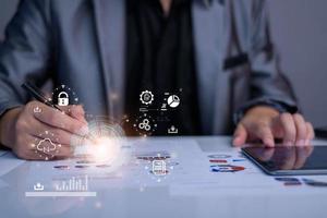 Businessman accessing the Cloud Computing Technology Internet Storage Network Concept And a large database big data Through internet technology. Digital business data, Future Data Network Management. photo