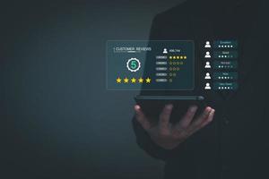 Customer satisfaction. Business Owners View Customer Satisfaction Review Score, Mobile Phone, Happy Customer, Rating High Review, Five Star, Product and Service Review Premium, High Satisfaction Score photo