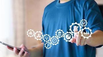 Business database analysis concept. Businessman analyzing economic data. related to business operations, analysis of future economic trends, virtual screens, business networking, internet technology. photo