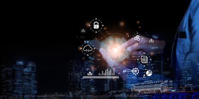 Businessman accessing the Cloud Computing Technology Internet Storage Network Concept And a large database big data Through internet technology. Digital business data, Future Data Network Management. photo