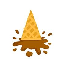 Melted ice cream in cone. Dessert fell to the ground. Sweet chocolate puddle. Flat cartoon illustration vector