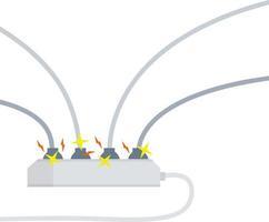 Electrical circuit. Shock, red lightning and yellow sparks from the outlet. Connector and plug. System overload. The problem with the appliance. Fire situation with smoke and safety. vector