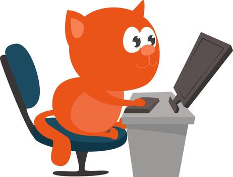 gato con computadora, ilustración, vector sobre fondo blanco
