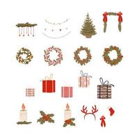 Set of Christmas decoration icons. Christmas tree. door wreath, cahdles, gifts and garland. Collection of holiday elements. Vector illustration isolated on the white background