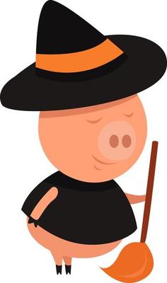 Pig with a broom , illustration, vector on white background