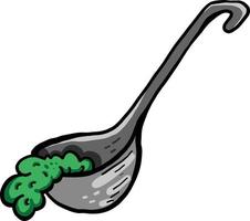 Green soup in ladle, illustration, vector on white background